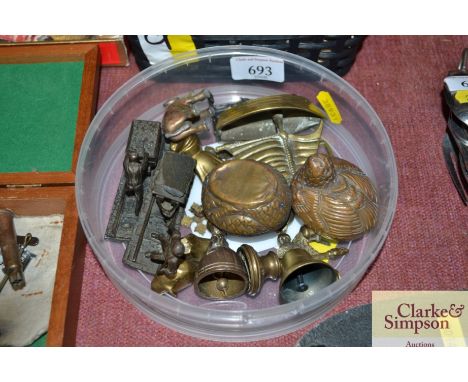 A box of metalware to include various ornaments, brass model boat etc.