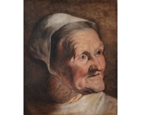 Attributed to Jacob Jordaens (1593-1678) - Study of an old woman's head, looking upwards to her left, wearing a white bonnet 