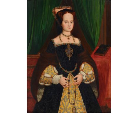 Manner of Guillim Scrots - Portrait of a unknown lady, three-quarter-length, with closed bible to her left Oil on panel Bears