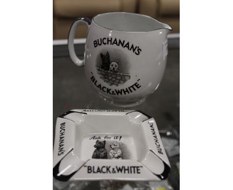 A VINTAGE BLACK AND WHITE WHISKY "ASK FOR IT " JUG AND MATCHING ASHTRAY