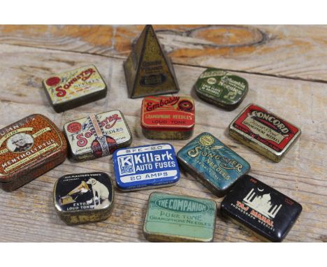 A BAG CONTAINING A SELECTION OF VINTAGE GRAMOPHONE NEEDLE TINS SOME WITH CONTENTS