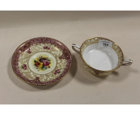 A HAND PAINTED ROYAL WORCESTER TWIN HANDLED BOWL AND SUACER STAMPED HENRY MORGAN &amp; Co LTD. COLONIAL HOUSE, MONTREAL WITH 