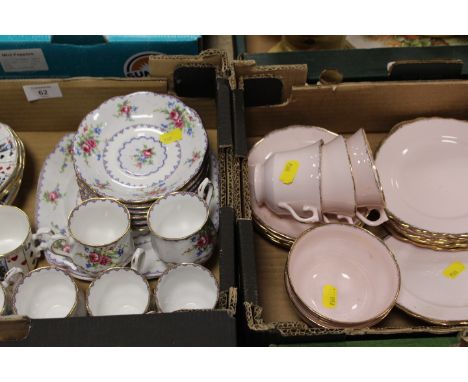 A TRAY CONTAINING ROYAL ALBERT PETIT POINT CUPS AND SAUCERS ELIZABETHAN GAME CARD COFFEE TRIOS ETC TOGETHER WITH A SMALL TRAY