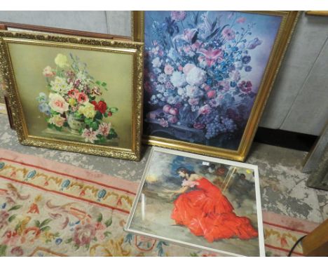 TWO GILT FRAMED STILL LIFE PRINTS TOGETHER WITH LITHO STYLE PRINT OF A FLAMINGO DANCER 