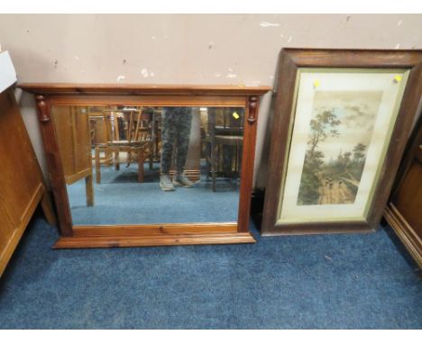 A VINTAGE OAK FRAMED BLACK AND WHITE PRINT WITH THREE ASSORTED MIRRORS (4)