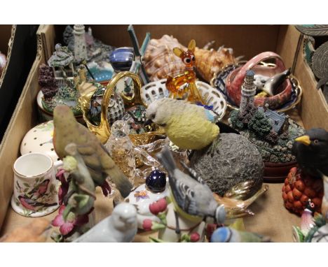A TRAY OF CERAMICS TO INCLUDE NOVELTY CERAMIC BIRD BELLS ETC