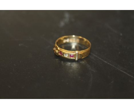 ANTIQUE 18CT GOLD RUBY AND DIAMOND SET BUCKLE RING HALLMARKED CHESTER 1898 SIZE Q 