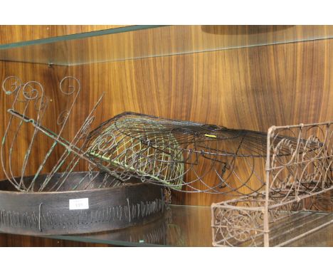 A COLLECTION OF VINTAGE WIREWORK GARDEN PLANTERS ETC TO INCLUDE A RIDDLE, HANGING BASKET ETC