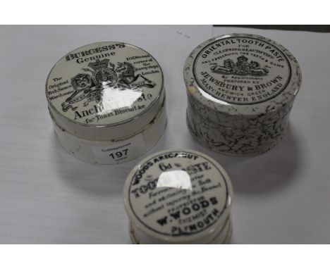 THREE ANTIQUE CERAMIC LIDDED POTS TO INCLUDE BURGESS'S GENUINE ANCHOVY PASTE 