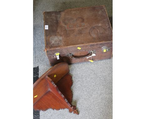A VINTAGE SUITCASE MAHOGANY WALL BRACKET ETC