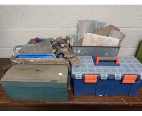 A metal concertina tool box and plastic tool box, wooden crate and plastic tub of assorted hand tools, socket sets, plasterin