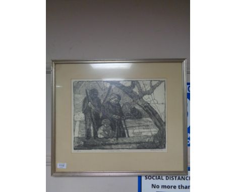 A mid century wood cut print depicting children, signed in pencil 7/50, framed.