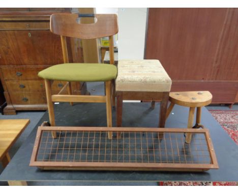 A mid 20th century teak wall shelf fitted with coat hooks together with a mid 20th century Danish teak dining chair, an uphol