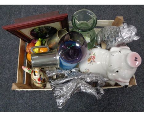 A box of contemporary vases, larger ceramic money box, figures etc 
