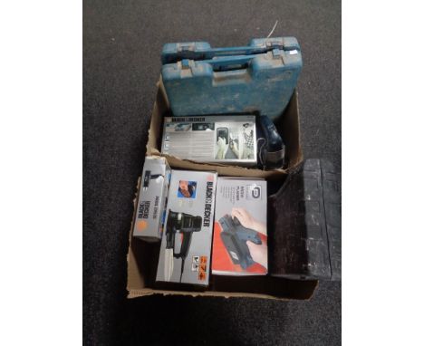 Two boxes of assorted cased and boxed power tools to include Black &amp; Decker sander, heat gun, Performance planer, Makita 