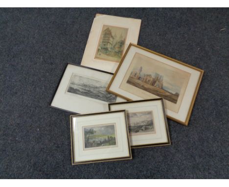 Three framed colour etchings of Scotswood, North &amp; South Shields, Tynemouth Priory, framed pen and ink study of a coastal