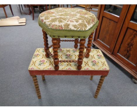 A tapestry upholstered dressing table stool on turned beech legs together with one other hexagonal footstool 