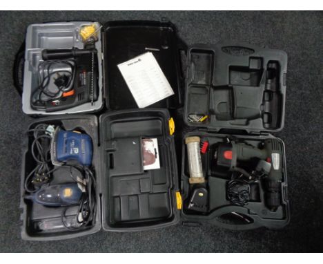 Three cased power tools - Pro sander and jigsaw, Black &amp; Decker corded hammer drill and a Pro electric drill 
