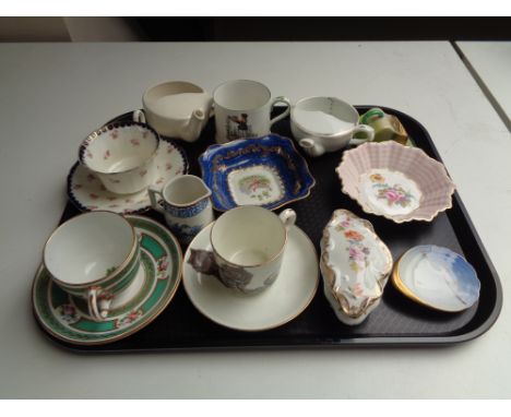 A tray of antique china cups and saucers to include Aynsley moustache cups, Shelley shell dish, Bing &amp; Grondahl pin dish 