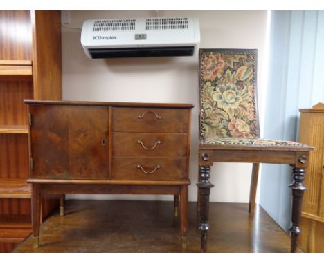An early 20th century floral tapestry upholstered bedroom chair on tapered legs together with a mid 20th century walnut three
