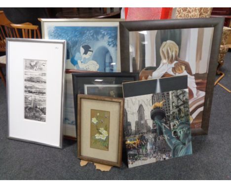 Eight assorted framed pictures to include Disney Snow White poster, contemporary art, framed signed print 'Reflections of Bam