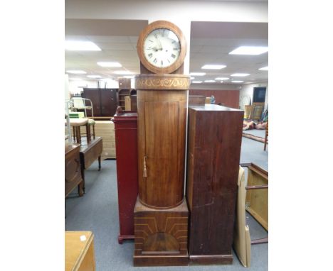 A 19th century continental inlaid mahogany cased longcase clock with circular painted dial, with pendulum no weights.