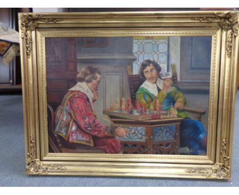 A continental school gilt framed oil on canvas, two figures in period dress playing chess, unsigned 