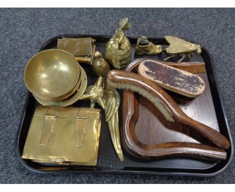 A tray of assorted brass ware to included trinket box in the form of a book, Eastern dishes, fox head door knocker, together 