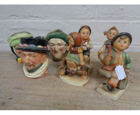 Three small Royal Doulton character jugs; Beefeater, Old Mac and Sairey Gamp, together with four Hummel figures 
