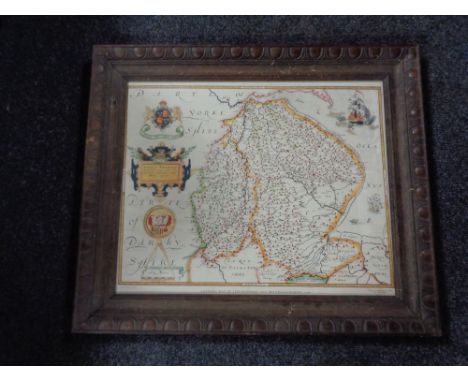 An Edwardian oak framed print after Saxton, map of Lincolnshire and Nottinghamshire in 1576