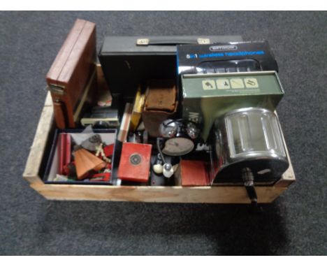 A crate of lingua phone set, wireless headphones, vintage games, harmonica, camera etc 