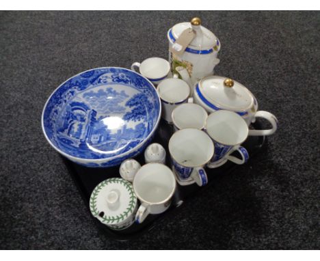 A tray of Ringtons mugs and caddies, Portmeirion preserve pot, Copeland Spode Italian fruit bowl