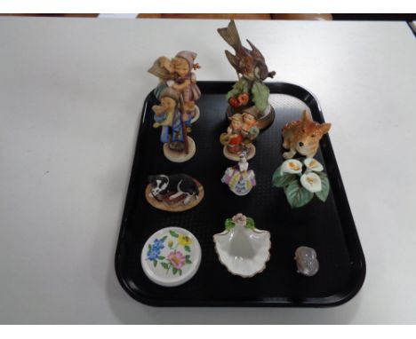 A tray of West German Hummel figures, Danish figure of an otter, Border Fine Arts figure 'Walkies' etc