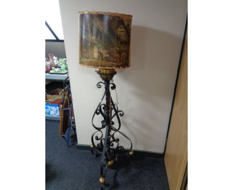 A Victorian cast iron and brass standard oil lamp (converted) with shade 