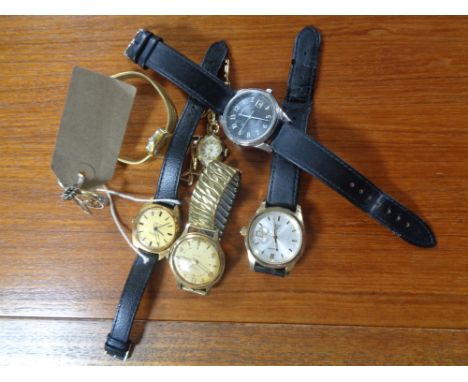 A collection of six assorted ladies and gents wristwatches; Accurist, Timex, Sekonda, together with a lady's silver ring and 