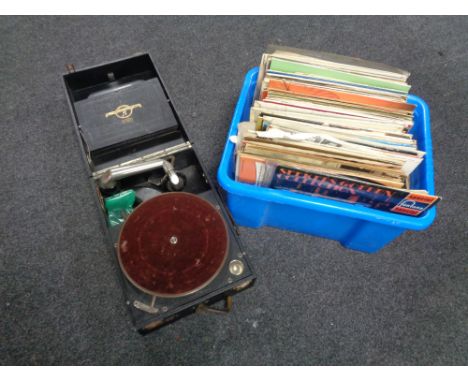 An early 20th century Columbia portable gramophone and a box of LP records including musicals, Seekers, Val Doonican etc 