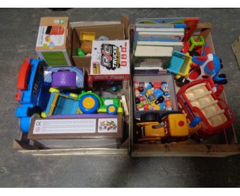 Two crates of children's toys to include early learning centre vehicles and figures and wooden postbox, farm vehicles and ani