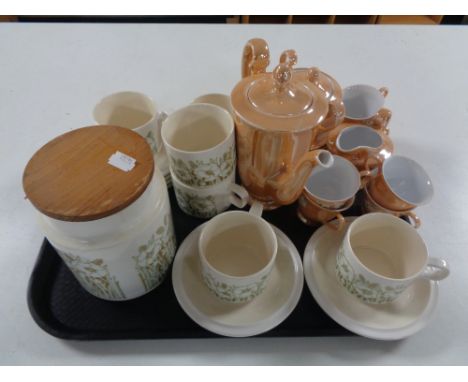 A tray of Hornsea Fleur lidded kitchen jar, six cups and saucers, Chinese lustre tea service 