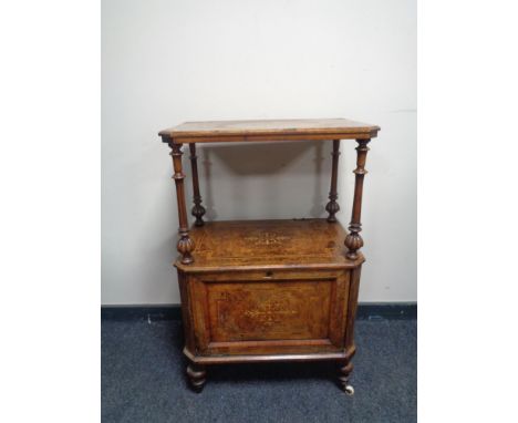 A Victorian inlaid burr walnut cabinet on raised legs with shelf above CONDITION REPORT: Lacking upper shelf. 