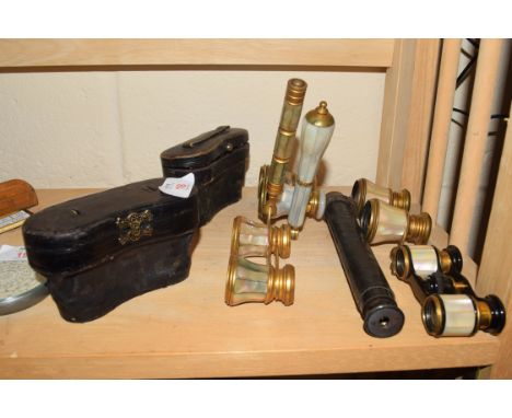 Collection of six pairs of various opera glasses to include mother of pearl mounted examples, together with a small folding b