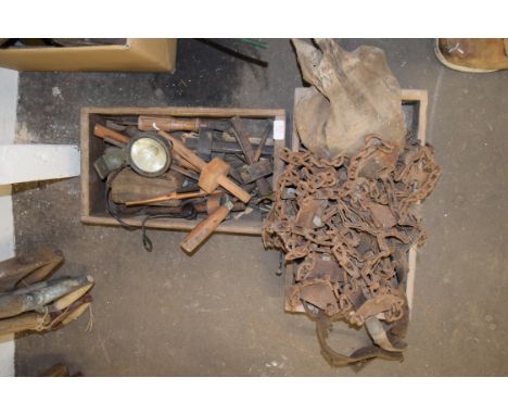 Two wooden boxes containing vintage tools etc