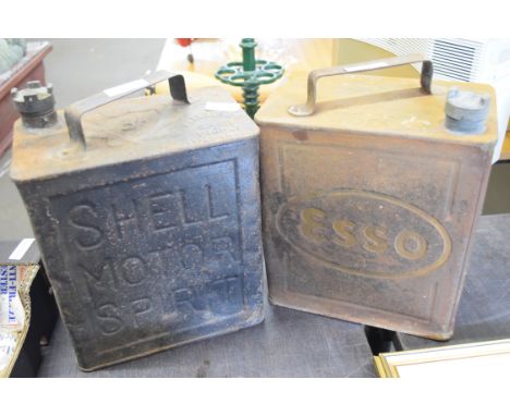 Pair of vintage oil cans, one marked Esso, the other Shell Motor Spirit