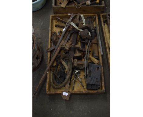 Box containing vintage tools