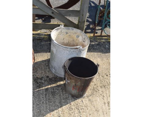 One galvanised bucket along with one galvanised vintage fire bucket