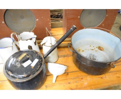Quantity of various enamel wares comprising milk can, jugs etc, and two large jam pans and a Judge saucepan