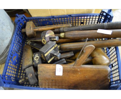 Box containing carpentry tools including spoke shaves etc