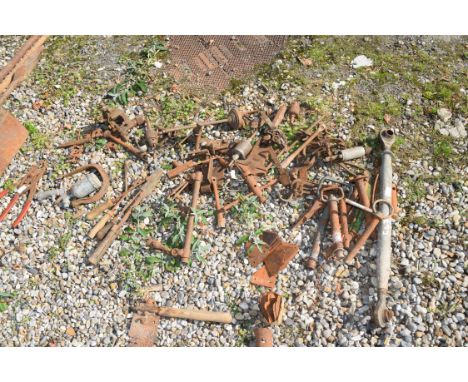 Large quantity of vintage hand tools to include drill bits, blacksmiths tools, trailer pins and hitches etc