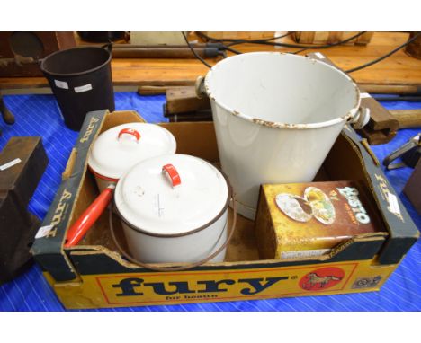 Box of enamel items to include pail, saucepan, small bin etc