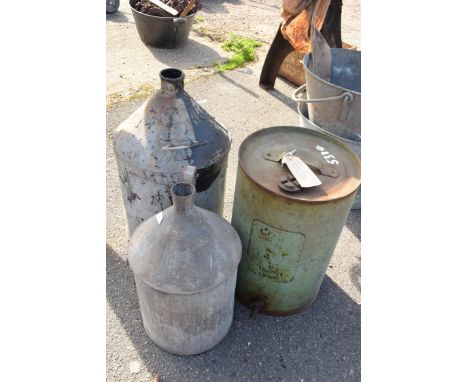 5 gallon Esso blue paraffin can with a brass tap, with two other galvanised cans