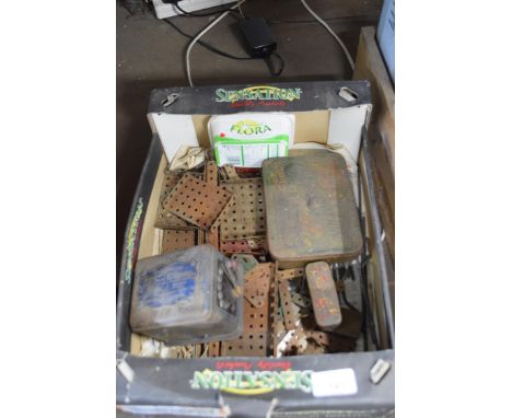 Box containing vintage Meccano including transformer